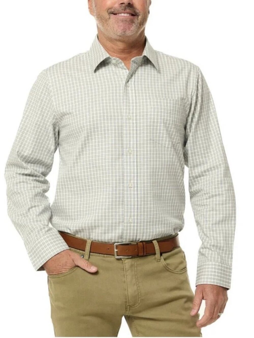 Dockers Men's Cotton Blend Stretch Regular Fit Dress Shirt, Beige, Size L